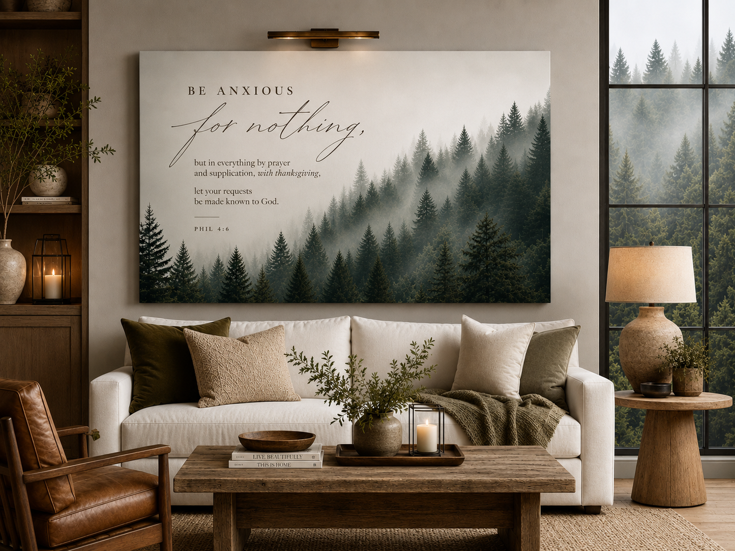 Larger Size Framed Canvases | Be Anxious For Nothing — Misty Pine Forest